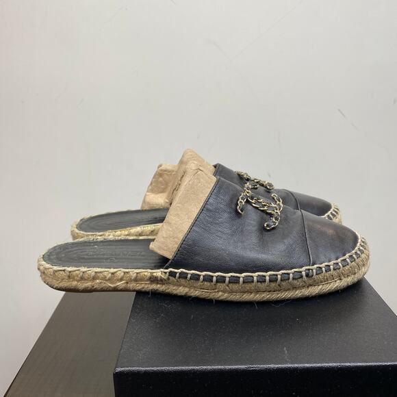 Chanel CC Logo Leather Cap Toe Espadrilles Mules Women's 40 - Picture 3 of 11